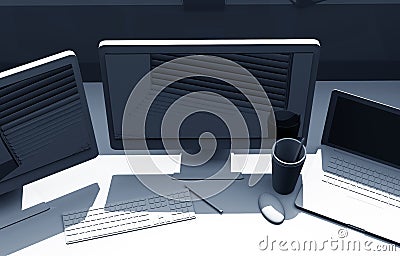 Triple Screens Designer Desk Stock Photo