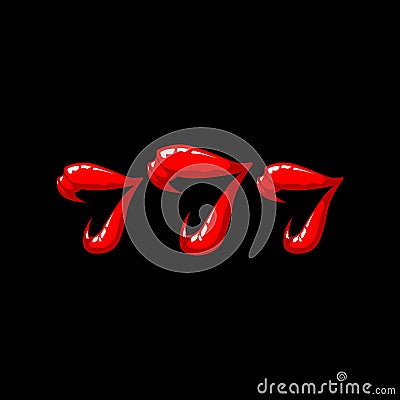 Triple seven illustration on a black background. Women`s lips and 777 winnings in the casino. Vector Illustration