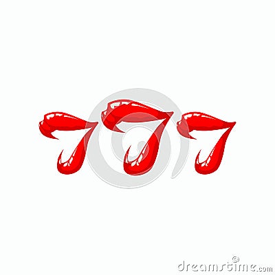 Triple seven illustration on a white background. Women`s lips and 777 winnings in the casino. Vector Illustration