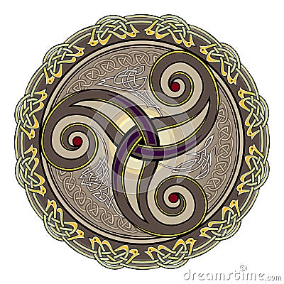 Triple trickle Celtic spiral ornament. Ancient Irish symbol. Ethnic magic sign. Celtic knot pattern. Old triskelion vintage. Print Vector Illustration