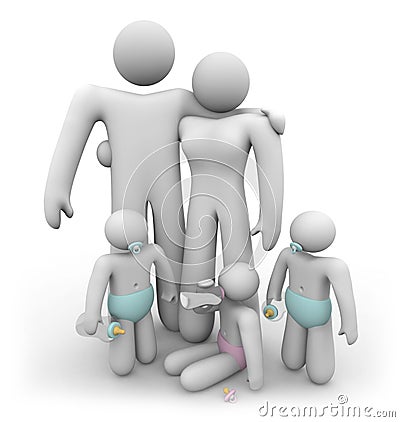 Triplet Children and their Parents Stock Photo