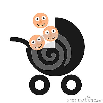 Triplet and multiple birth - Baby stroller and carriage with three children, kids and babies. Vector Illustration