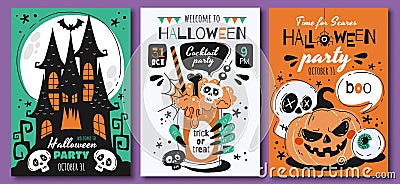 Triplet of scary Halloween poster designs Vector Illustration