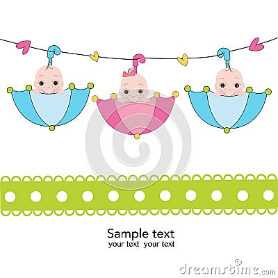 Triplets with umbrella baby shower card Vector Illustration