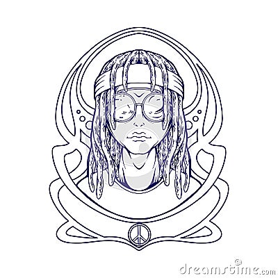 Trippy hippie guy dreadlock hair with sunglass illustration silhouette Vector Illustration