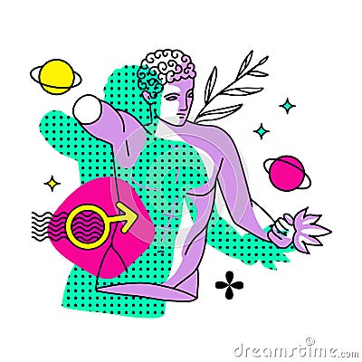 Trippy male character, greek ancient statue with planet and surreal elements. Vector linear illustration in trendy Vector Illustration