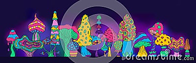 Trippy mushroom background. Acid psychedelic magic wallpaper with colorful fairy forest plants, fairy psilocybin trance Vector Illustration