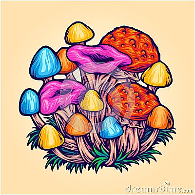 Trippy mushrooms botanical garden cultivation Vector Illustration