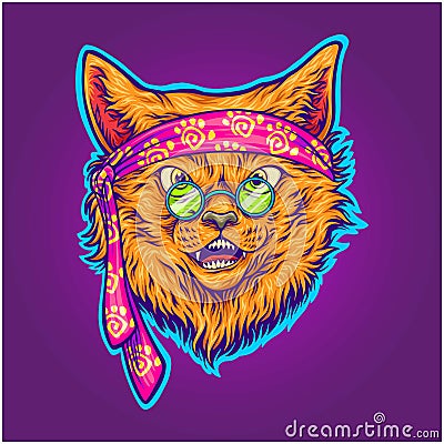 Trippy psychedelic funky hippie cat Vector Illustration