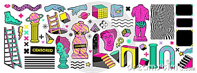 Trippy psychedelic sticker pack. Greek sculpture, geometric surreal shapes, arch, stairs in trendy acid weird style. Vector Illustration