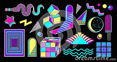 Trippy space stickers. Trendy neon shapes. Vintage 90s acid icons. Minimal arch with ladder. Creative geometry 80s. Cube Vector Illustration