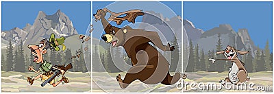 Triptych cartoon bear chasing a hunter and the hare scoffs Vector Illustration