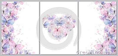 Triptych of frames and hearts with delicate, purple and pink butterflies. Watercolor illustration. For posters Cartoon Illustration