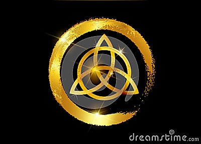 Triquetra, Gold Trinity Knot, Wiccan symbol for protection. Vector gold leaf Celtic trinity knot set isolated on black background Vector Illustration