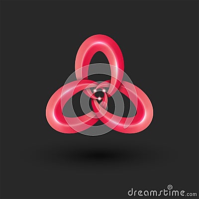 Triquetra shape 3d logo modern design, red gradient triangular knot figure composed of three interlaced circles, three overlapping Vector Illustration