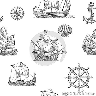 Trireme, caravel, drakkar, junk. Set sailing ships floating sea waves. Vector Illustration