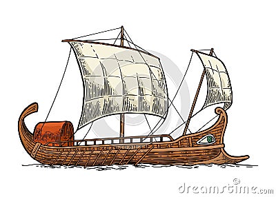 Trireme floating on the sea waves. intage engraving illustration Vector Illustration