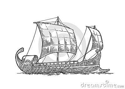 Trireme floating on the sea waves. intage engraving illustration Vector Illustration