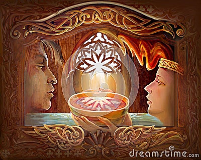 Tristan and Isolde. Oil painting on wood. Illustration of ancient Celtic legend from the 12th century. Love story. Stock Photo