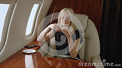 Triste riche femme d'affaires mature voyage en avion privé. portrait d'une femme âgée déprimée volant en première entreprise banque de vidéos Triste riche femme d'affaires mature voyage en avion privé. portrait d'une femme âgée déprimée volant en première entreprise banque de vidéos