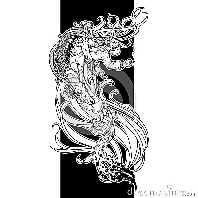 Triton saving a drowning fisherman. Black and white Vector Illustration