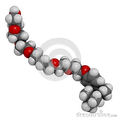 Triton x-100 detergent molecule. 3D rendering. Atoms are represented as spheres with conventional color coding: hydrogen white, Stock Photo