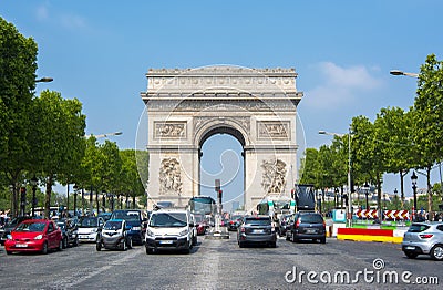 Triumphal arch Arc de Triomphe and Champs Elysee avenue, Paris, France Editorial Stock Photo
