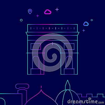 Triumphal Arch, Paris Vector Line Icon, Illustration on a Dark Blue Background. Related Bottom Border Vector Illustration