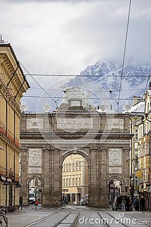 Triumphal Arch (Triumphpforte) on Maria Teresa Street, Innsbruck, Austria Editorial Stock Photo