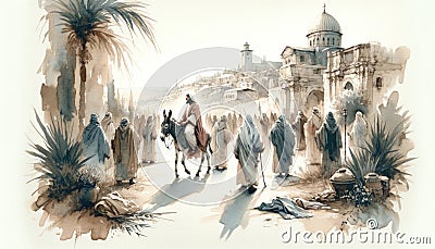 Triumphal Entry into Jerusalem. Passion Sunday. Watercolor Biblical Illustration Stock Photo