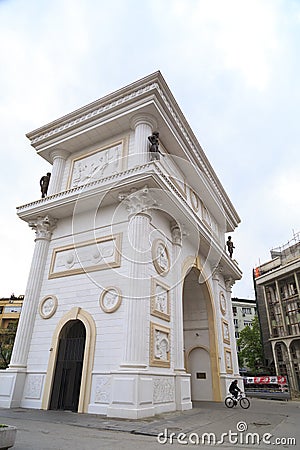 Triumphal gate of Macedonia on the main street of Skopje, the Ma Editorial Stock Photo