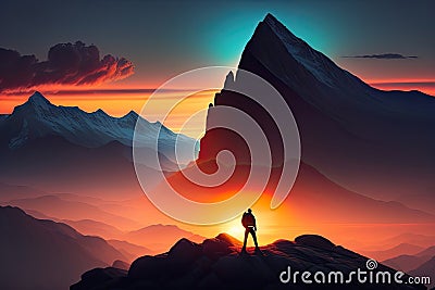 Triumphant Person Mountain Background Generative AI Stock Photo