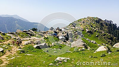 Triund mountain is a small hill station in the Kangra district in the state of Himachal Pradesh, India. Editorial Stock Photo