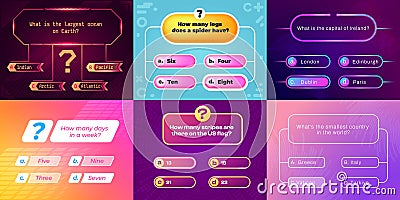 Trivia game ui. Question and answer template for quiz show, multiple choice interface with buttons and timer. Vector game app Vector Illustration
