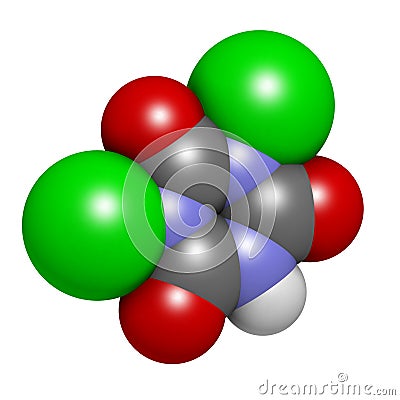 Troclosene (dichloroisocyanuric acid) molecule. Used as disinfectant, deodorant, biocide, detergent and in water purification Stock Photo