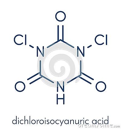 Troclosene dichloroisocyanuric acid molecule. Used as disinfectant, deodorant, biocide, detergent and in water purification.. Vector Illustration