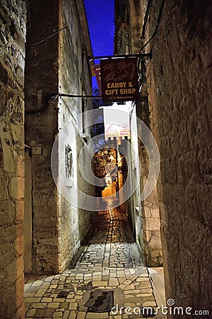 Narrow streets of mediterranean city. Trogir at night. Croatia Editorial Stock Photo