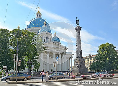 Troitse-Izmaylovsky cathedral and Slava's column in St. Petersbu Editorial Stock Photo