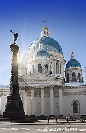 Troitsky Izmaylovsky cathedral, 18th century, and a monument `A column of Military glory`, in memory of the Russian-Turkish war Editorial Stock Photo