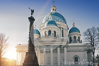 Troitsky Izmaylovsky cathedral, 18th century, and a monument `A column of Military glory`, 19th century, in memory of the Russia Stock Photo