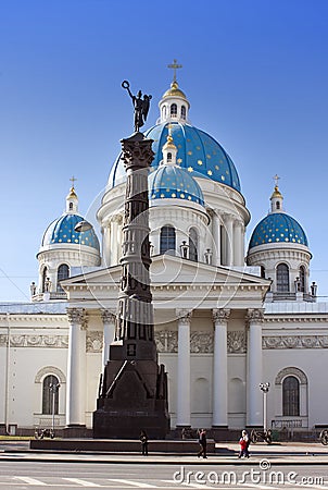 Troitsky Izmaylovsky cathedral, 18th century, and a monument `A column of Military glory`, 19th century, in memory of the Russia Editorial Stock Photo
