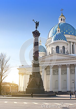 Troitsky Izmaylovsky cathedral, 18th century, and a monument `A column of Military glory`, 19th century, in memory of the Russian- Editorial Stock Photo