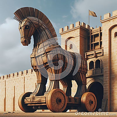 The Trojan Horse ready to enter the city walls of Troy. The Trojan war by Homer Stock Photo