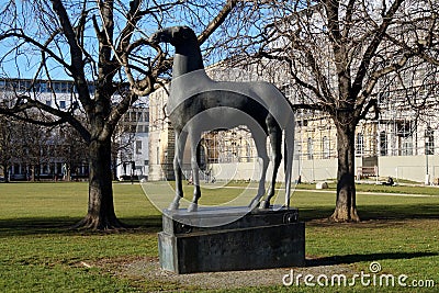 Trojan Horse, sculpture by Hans Wimmer outside the Alte Pinakothek museum, Munich, Germany Editorial Stock Photo