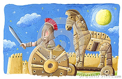 The Trojan Horse - Trojan war, Greek mythology Cartoon Illustration