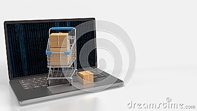 The trolley and box on notebook for e commerces concept 3d rendering Stock Photo