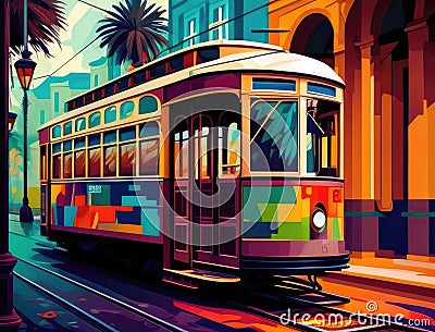 A trolley car rolling by colorful storefronts. AI generation Stock Photo