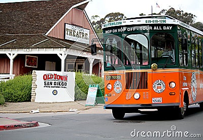 A Trolley Driving through Old Town in San Diego Editorial Stock Photo