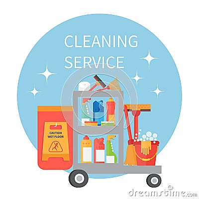 Trolley full of cleaning supplies and household equipment tools. Vector icons Vector Illustration