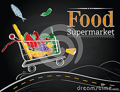 Trolley full of delicious food driving on the road Vector Illustration